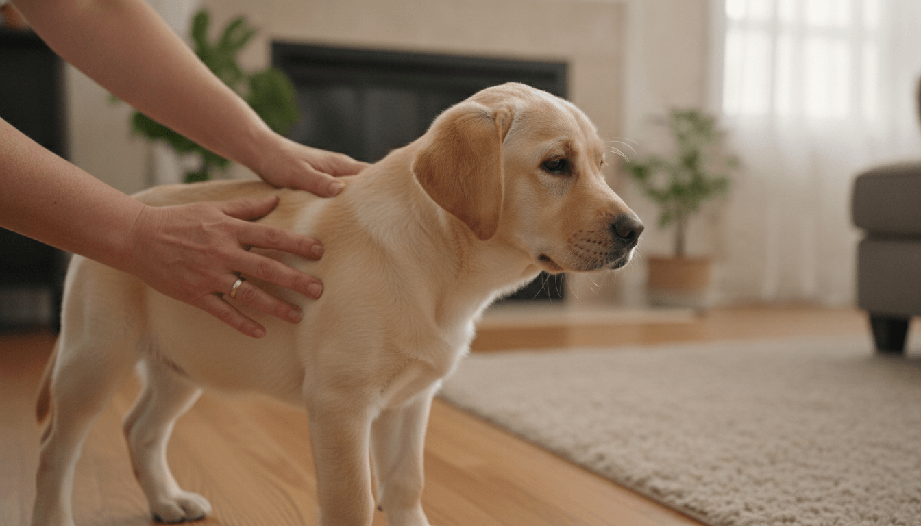checking Labrador puppy ribs for healthy body condition score