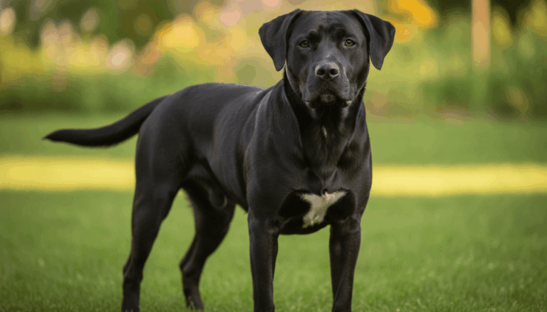 Adult pitbull lab mix with black coat and white chest standing on grass