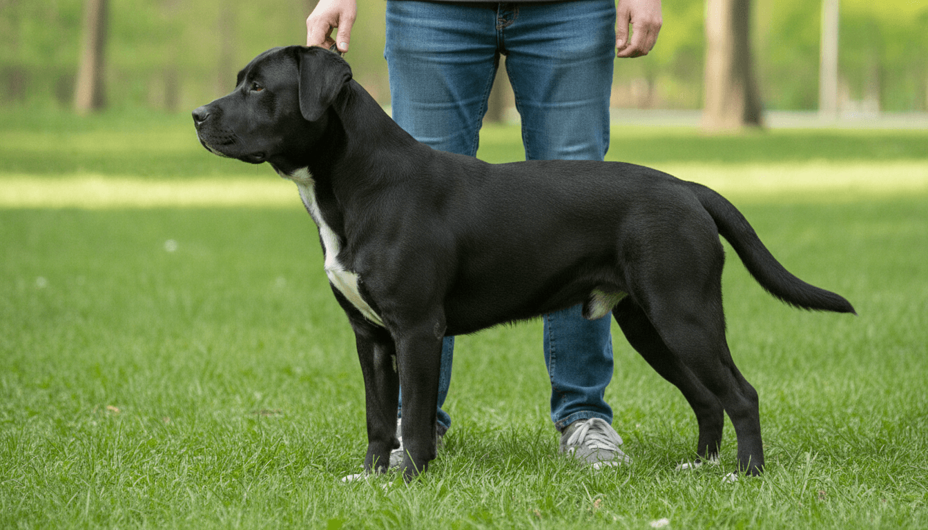 Full-grown pitbull lab mix standing in profile on grass beside a person