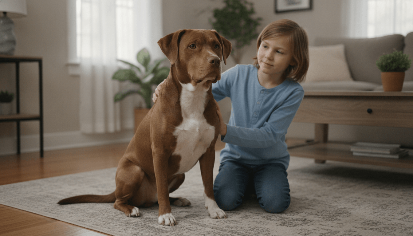 Pitbull lab mix sitting calmly beside a child in a living room