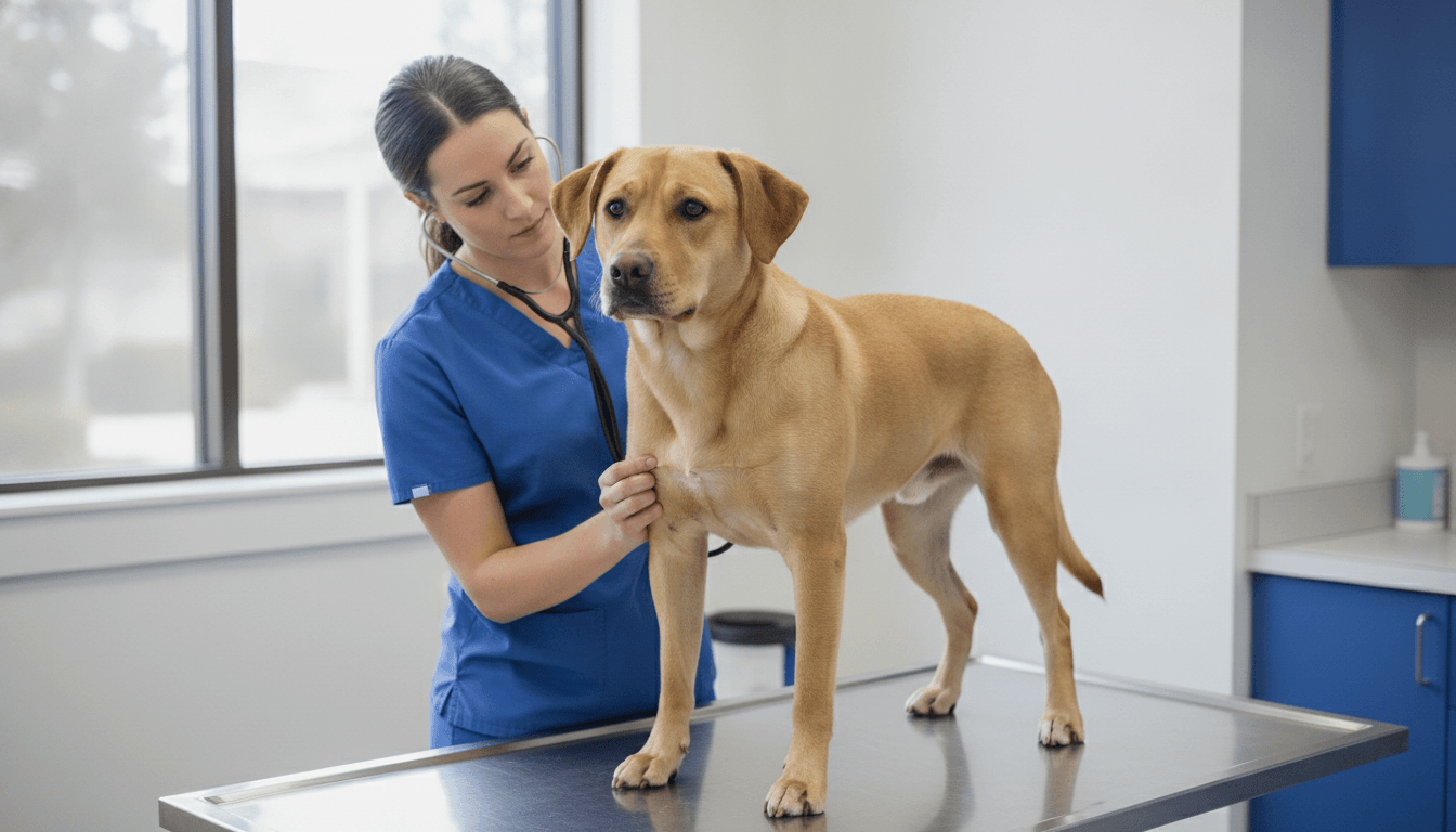 Healthy pitbull lab mix on a vet exam table during a routine checkup
