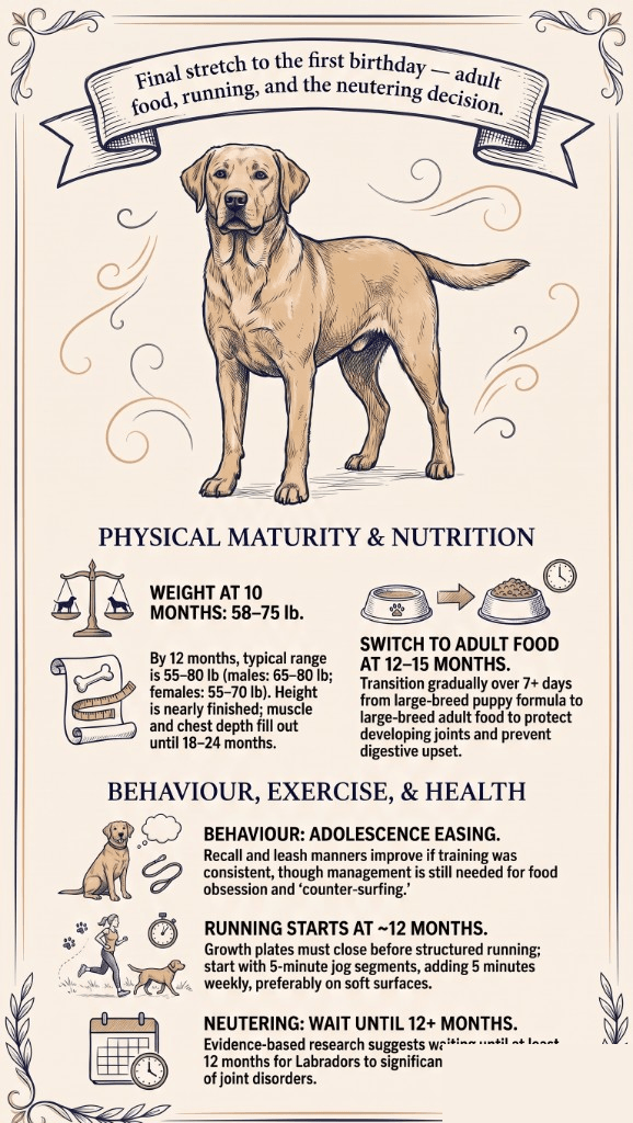 10-month-old Labrador checkpoint infographic: weight 58-75 lb at 10 months, 55-80 lb by 12 months, switch to adult food at 12-15 months, running starts ~12 months, wait to neuter until 12+ months