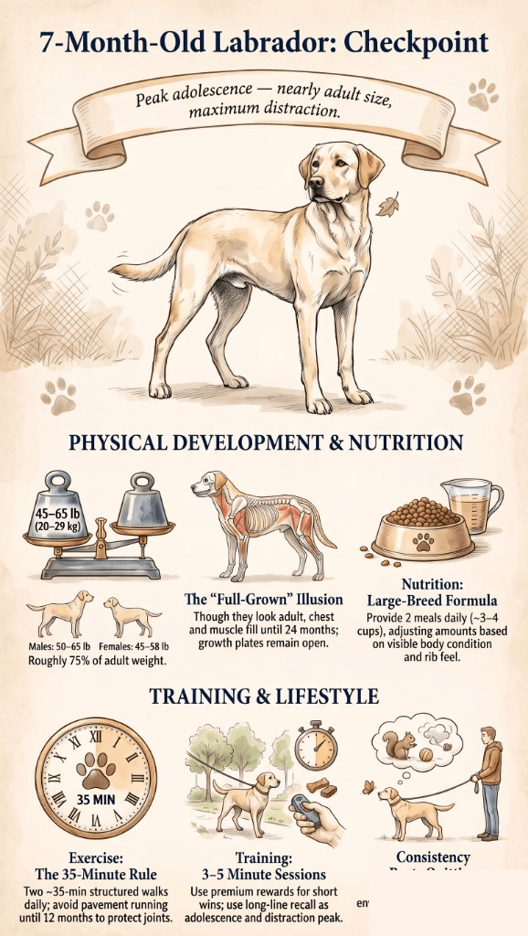 7-month-old Labrador checkpoint infographic: weight 45-65 lb, 75% adult weight with open growth plates, two 35-minute walks, 3-5 minute training sessions, large-breed puppy food 3-4 cups daily