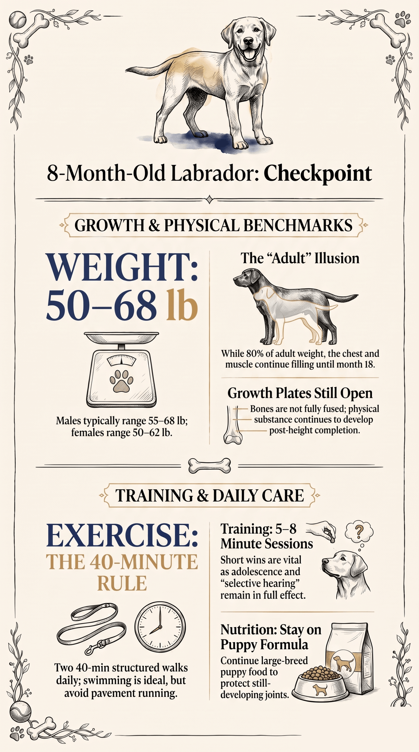 8-month-old Labrador checkpoint infographic: weight 50-68 lb, 80% adult weight with open growth plates, two 40-minute walks, 5-8 minute training sessions, stay on large-breed puppy food