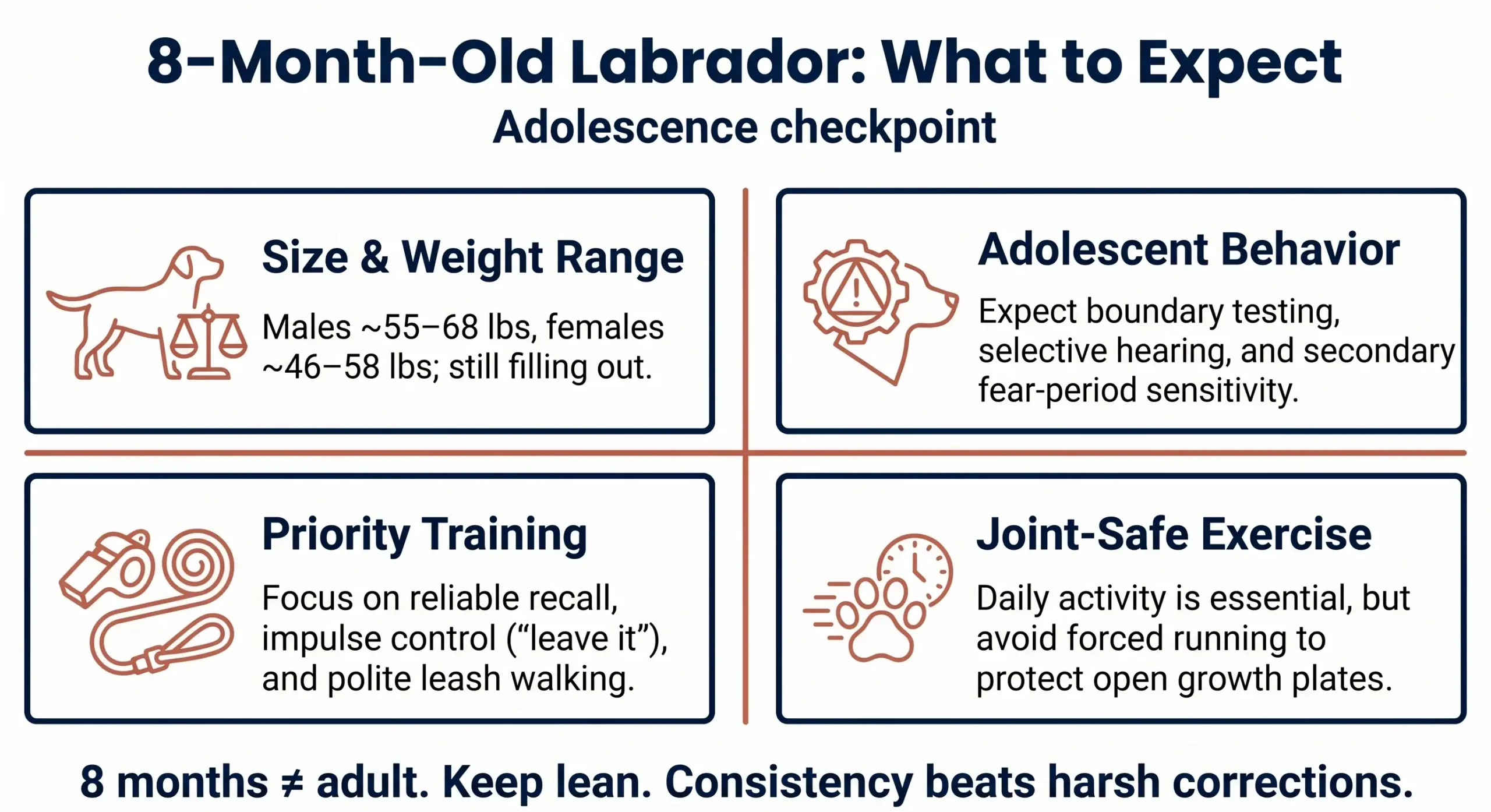 Infographic: 8-month-old Labrador checkpoint size behavior training exercise
