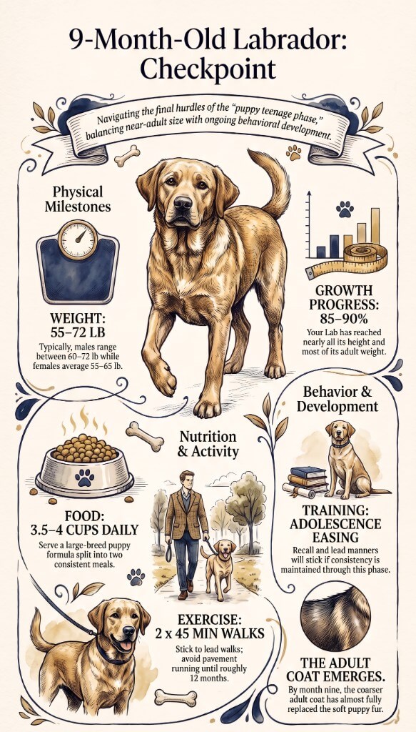 9-month-old Labrador checkpoint infographic: weight 55-72 lb, growth 85-90% of adult size, 3.5-4 cups puppy food daily, two 45-minute lead walks, adolescence easing, adult coat emerging