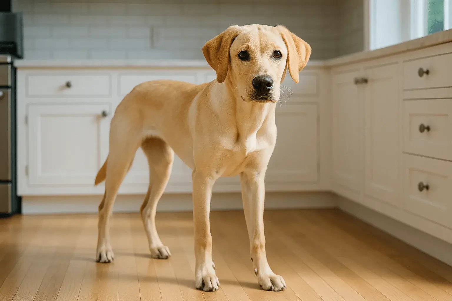 Lanky 9-month-old adolescent yellow Labrador standing in a kitchen