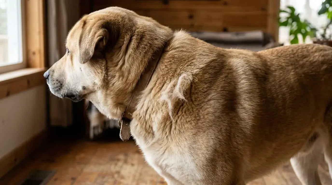 Close view of a thick double coat with dense undercoat on a large dog's neck and shoulder