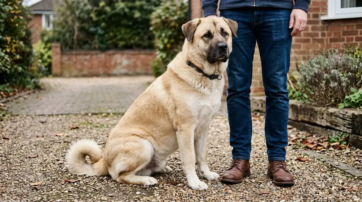 Large fawn crossbred dog sitting beside an adult's legs in a driveway so the full size is clear