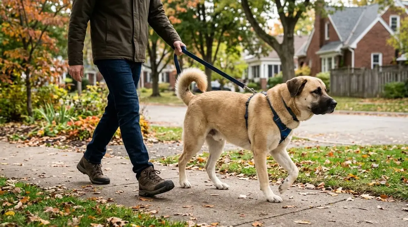 Large crossbred dog on a leash walking briskly beside a person on a neighborhood sidewalk