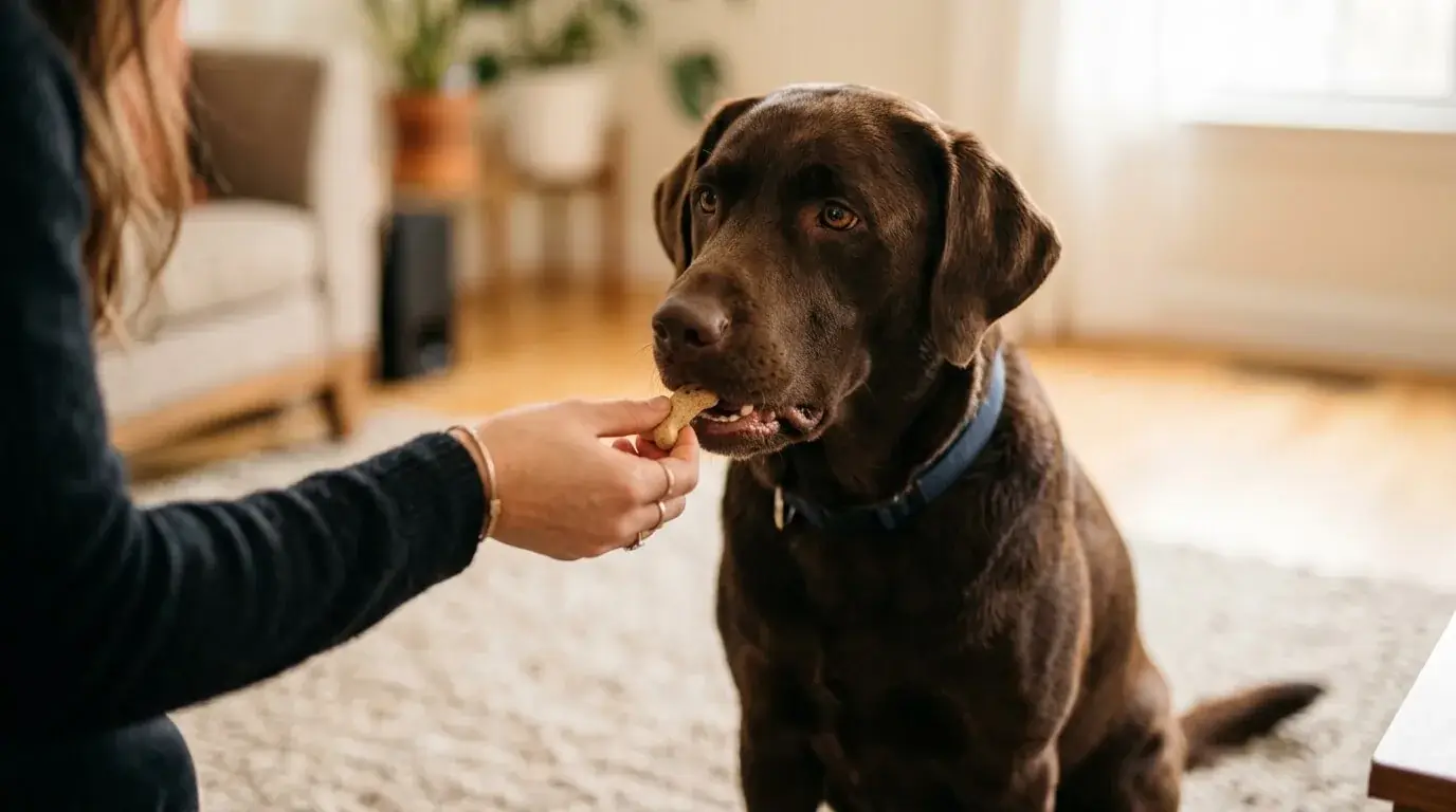 Chocolate Labrador taking a small food reward from an owner's fingers after a sit