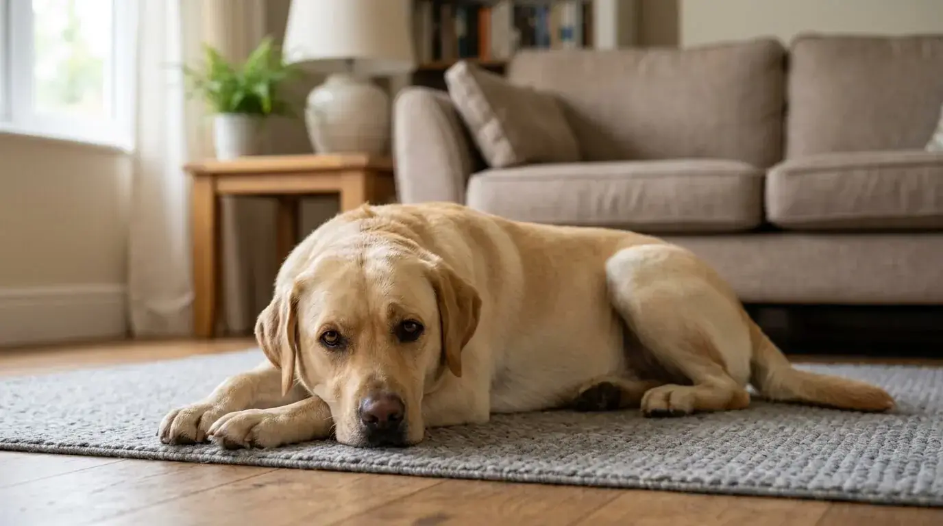 Calm adult yellow Labrador lying relaxed on a mat in a living room