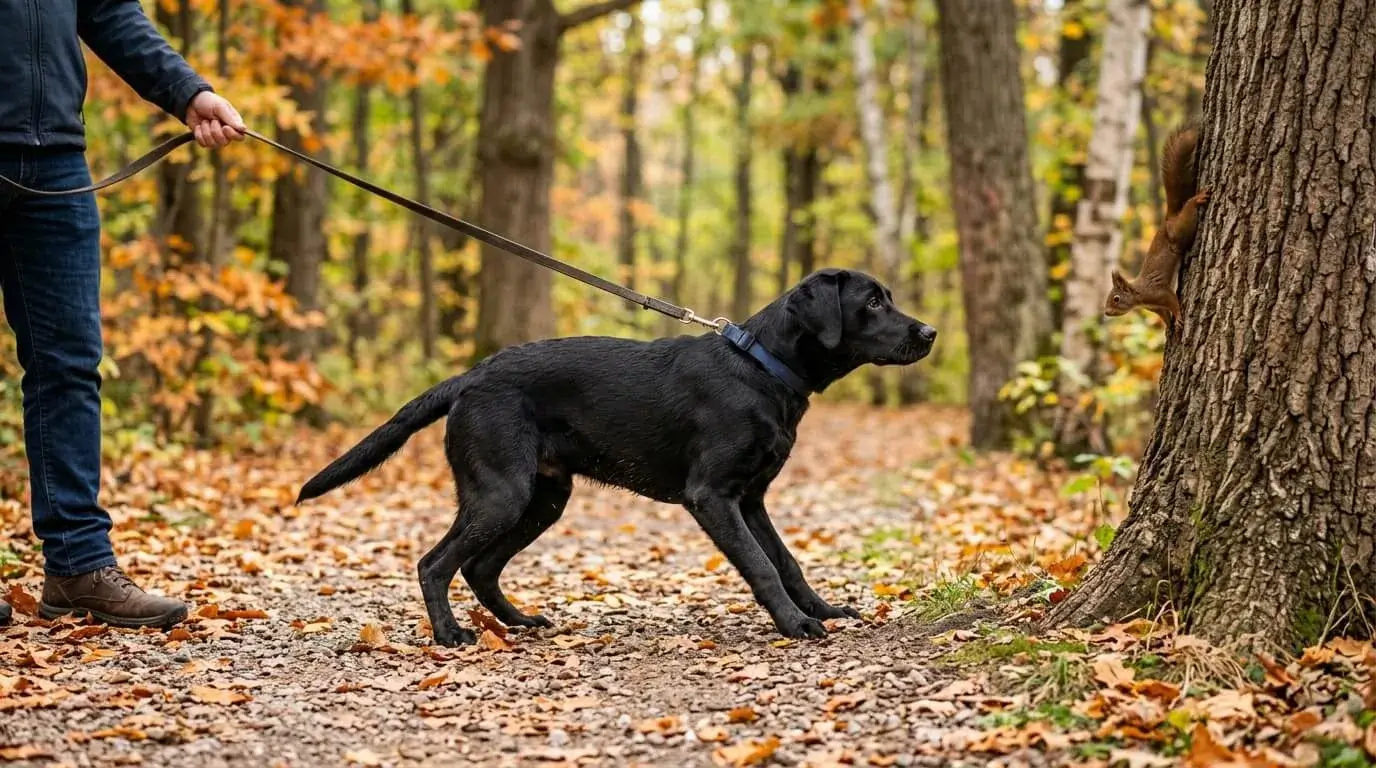 Adolescent black Labrador on a leash staring at a squirrel instead of its owner
