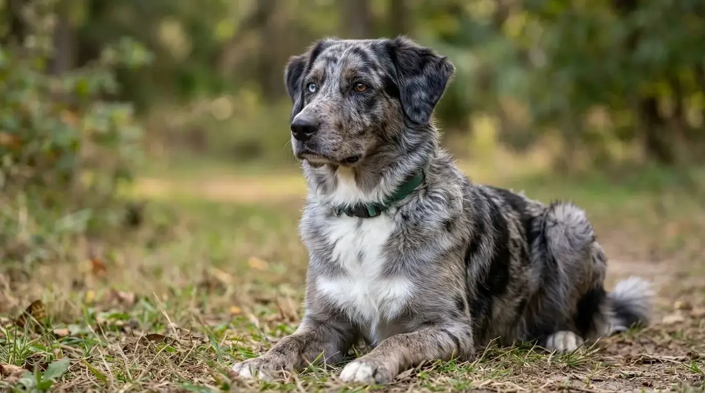 Blue merle crossbred dog lying on a forest path, black patches on a silver coat and a white chest