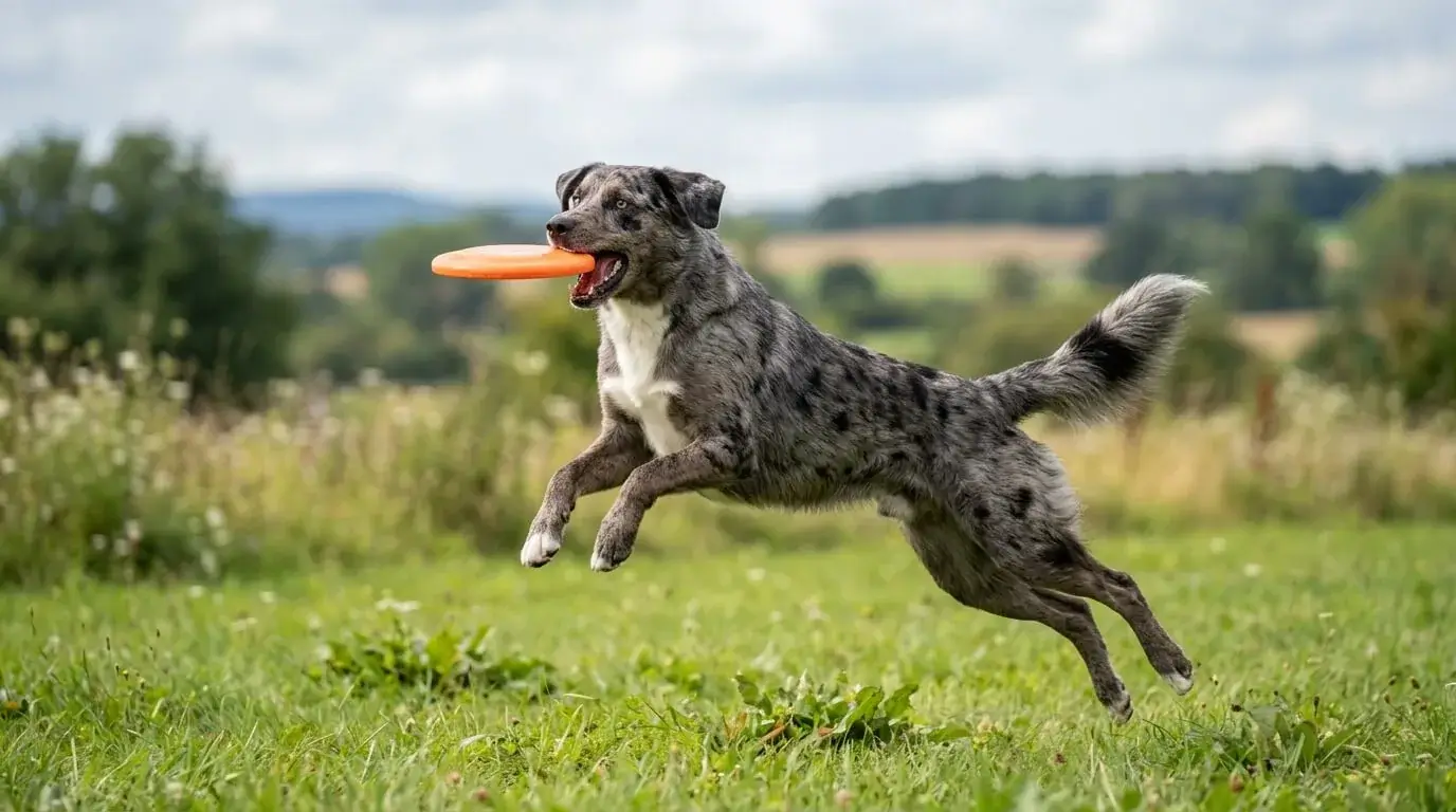 Athletic merle crossbred dog leaping to catch a flying disc in a grassy field
