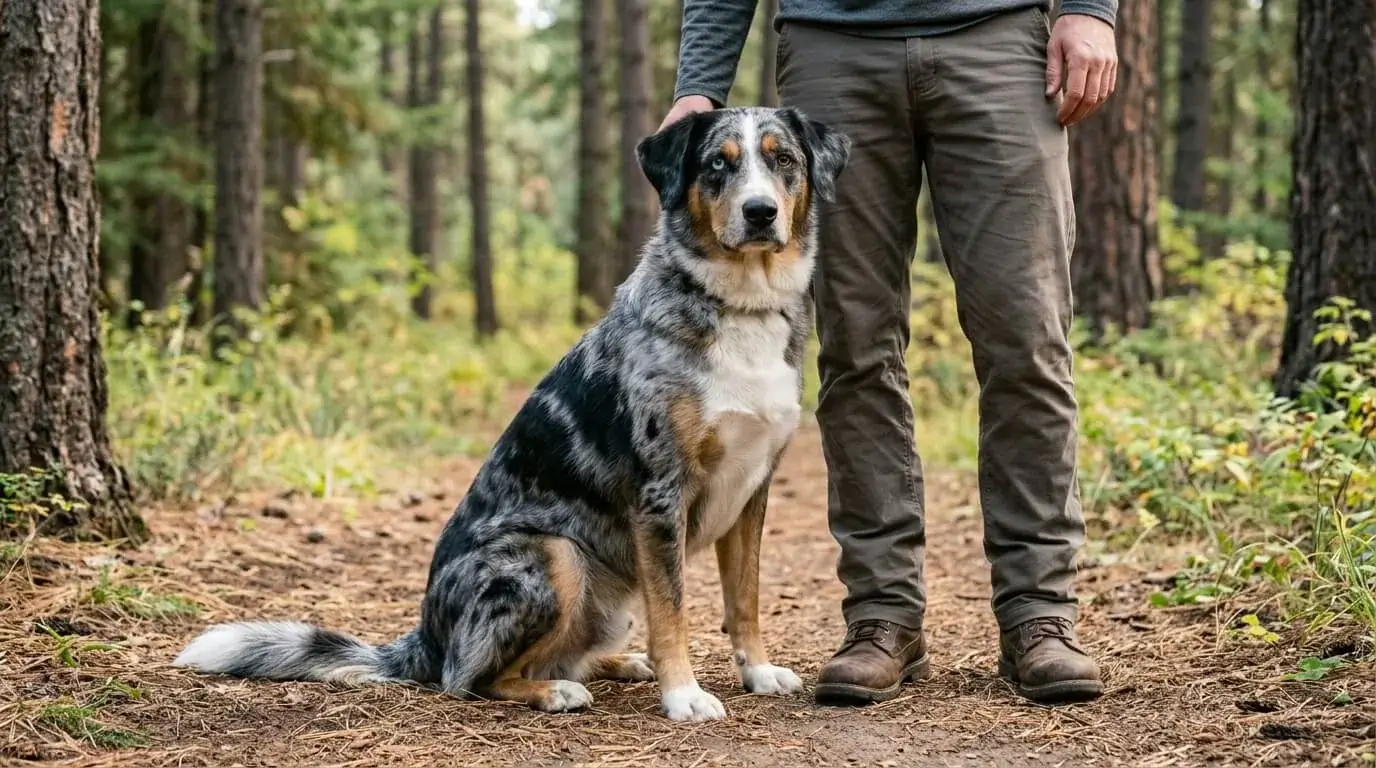 Medium-large merle crossbred dog sitting beside an adult's legs on a trail so the size is clear