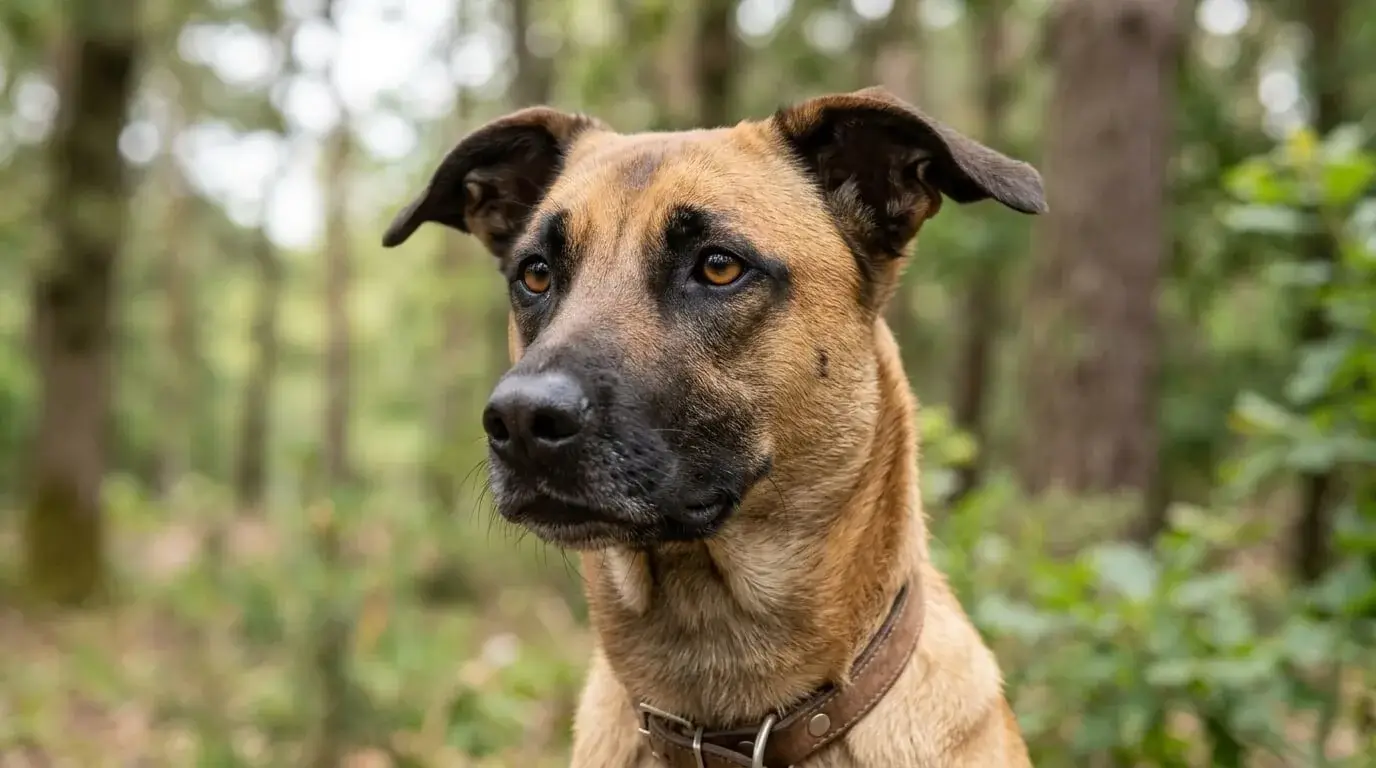 Close view of a short fawn coat and a darker muzzle mask on an athletic dog's head