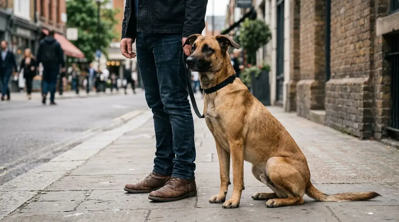 Lean fawn crossbred dog sitting beside an adult's legs on a sidewalk so the size is clear