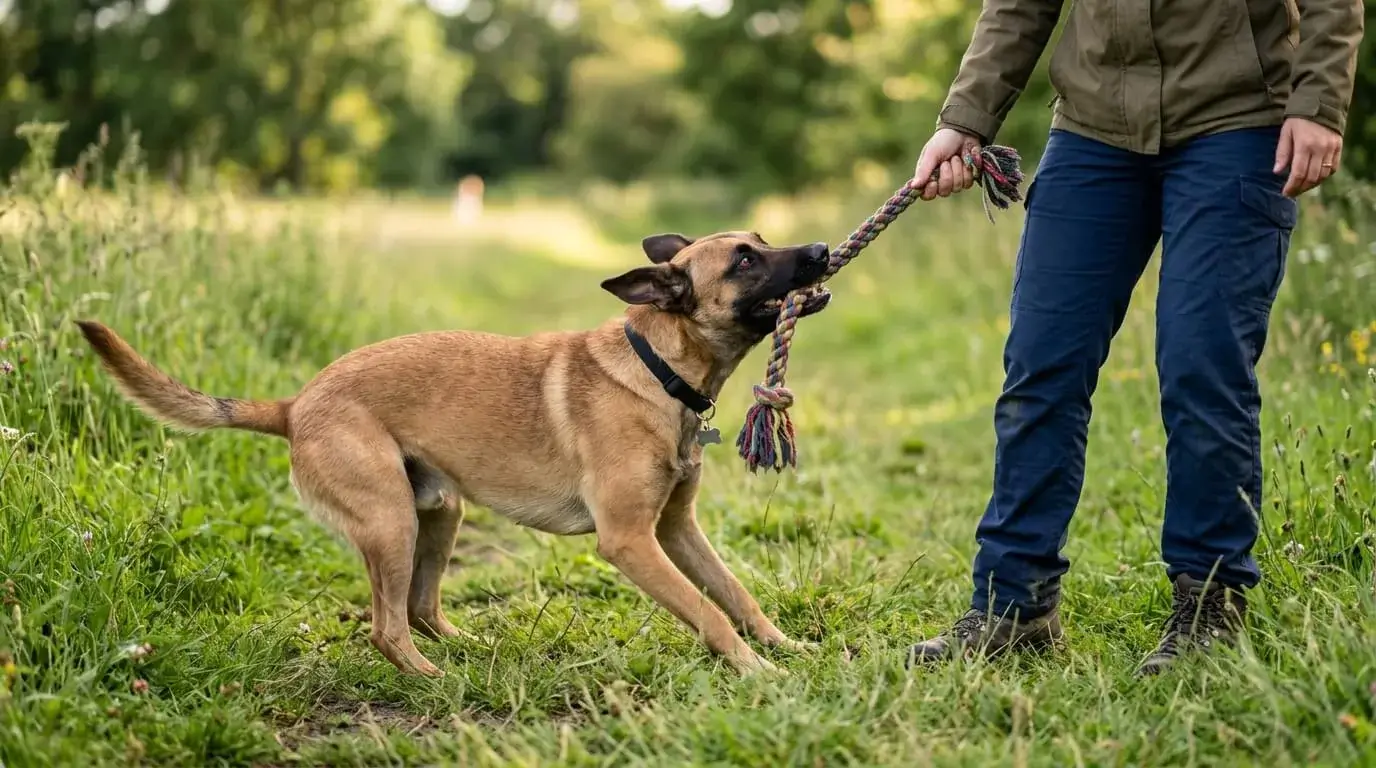 Athletic fawn crossbred dog tugging on a training toy with a person in a grassy field