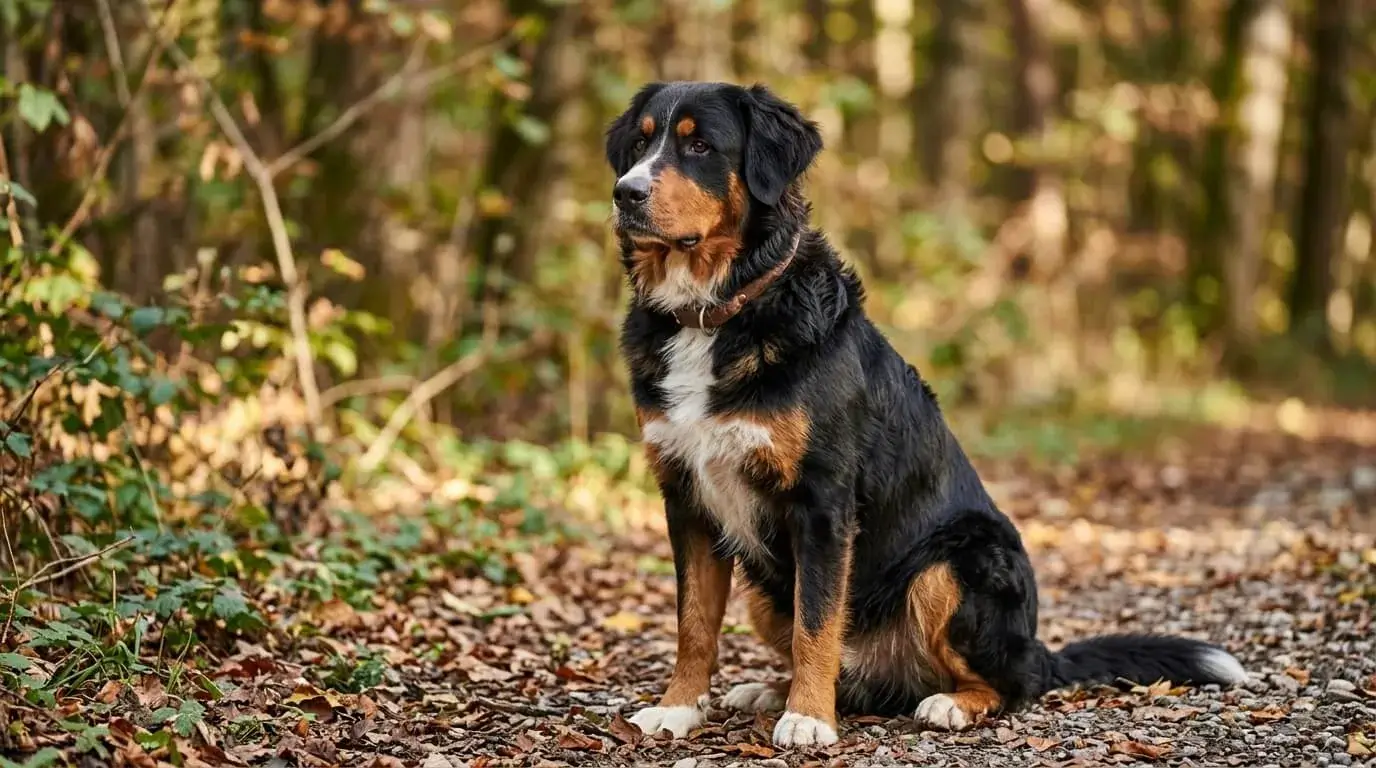Close view of a thick double coat with rust markings on a Bernese and Labrador cross