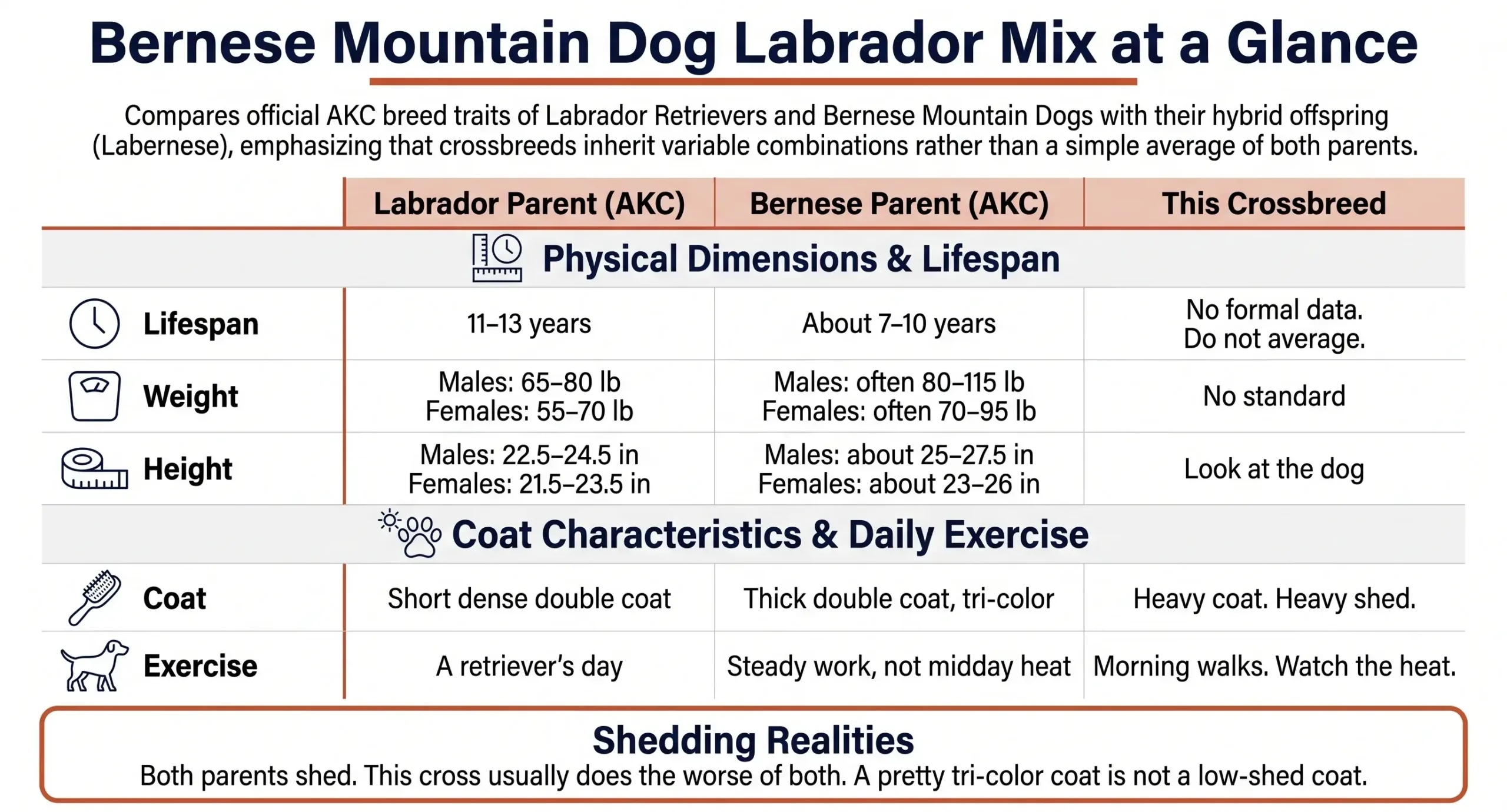 Infographic comparing Labrador and Bernese parent ranges for coat, size, and heat, with no single weight for the cross