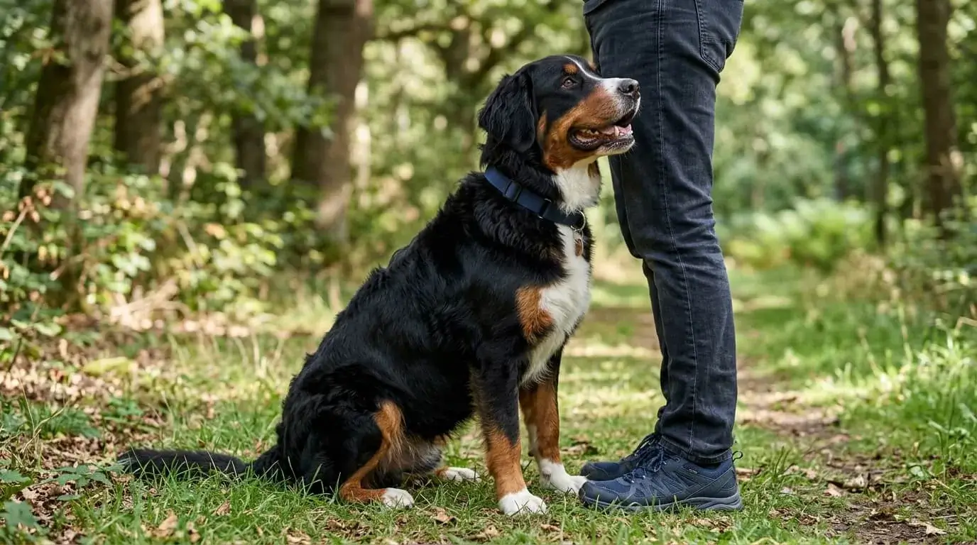 Large crossbred dog standing beside a person's legs so the adult size is clear