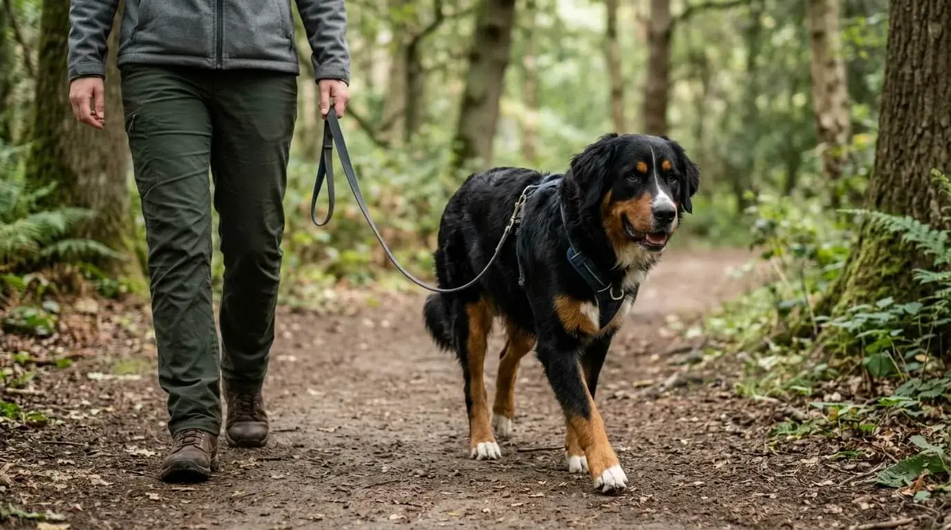 Large crossbred dog walking slowly in the shade on a flat path beside a person