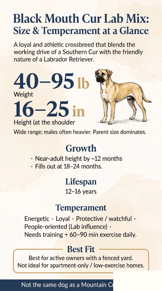 black mouth cur lab mix size and temperament infographic: 40-95 lb, 16-25 in at the shoulder, lifespan 12-16 years, 60-90 min daily exercise, best for active homes with a fenced yard