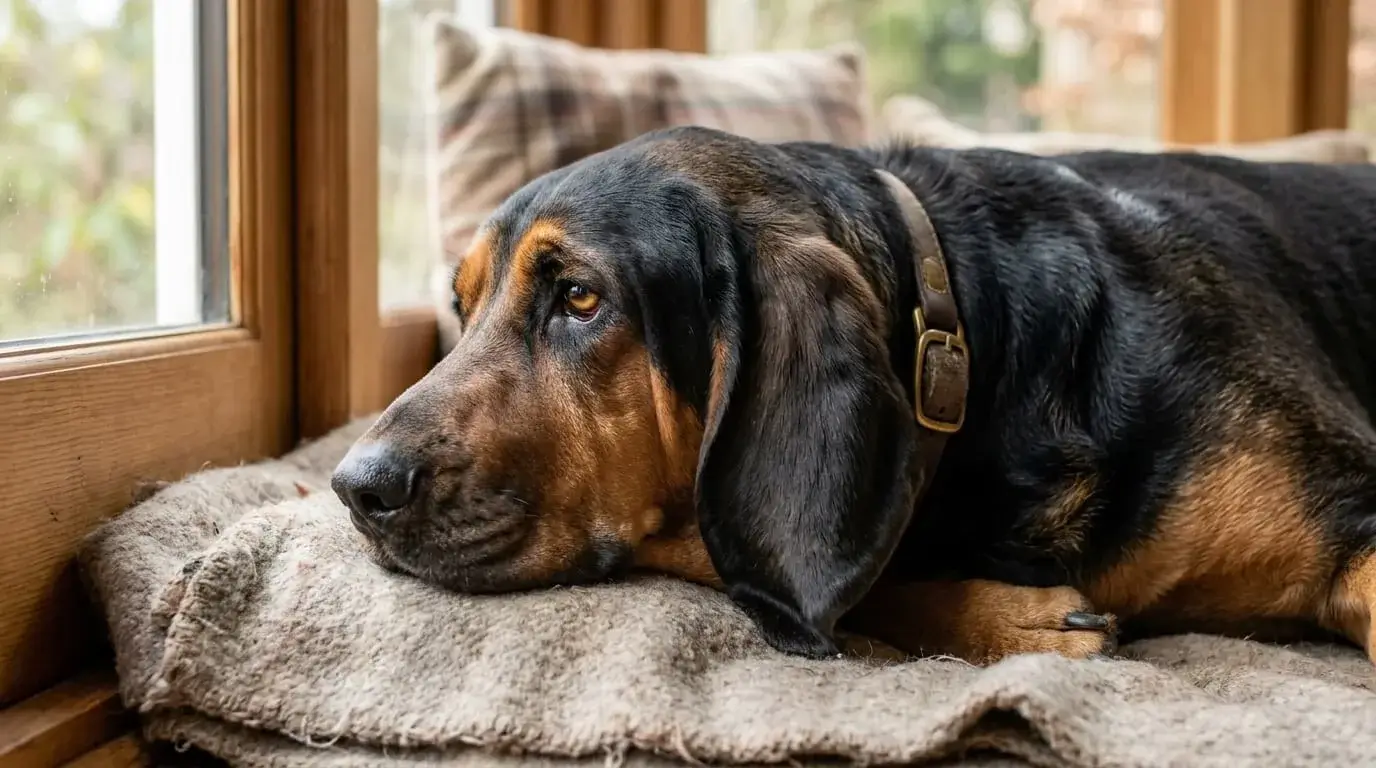 Close view of long ears and loose neck skin on a Labrador and Bloodhound cross