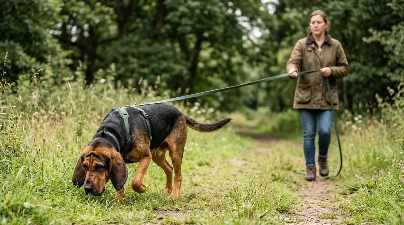 Crossbred dog on a long leash with its nose on the grass beside a person