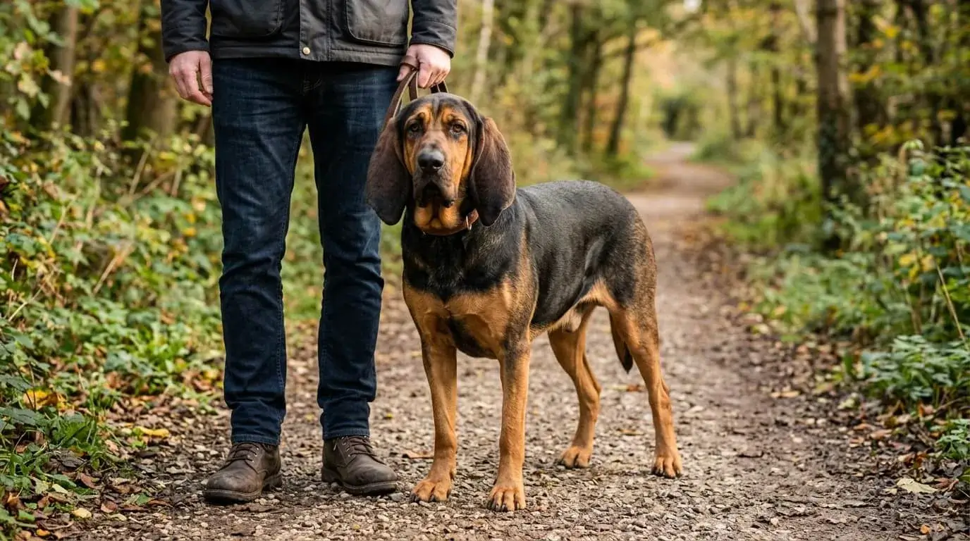 Large crossbred dog standing beside a person's legs on a path so the adult size is clear