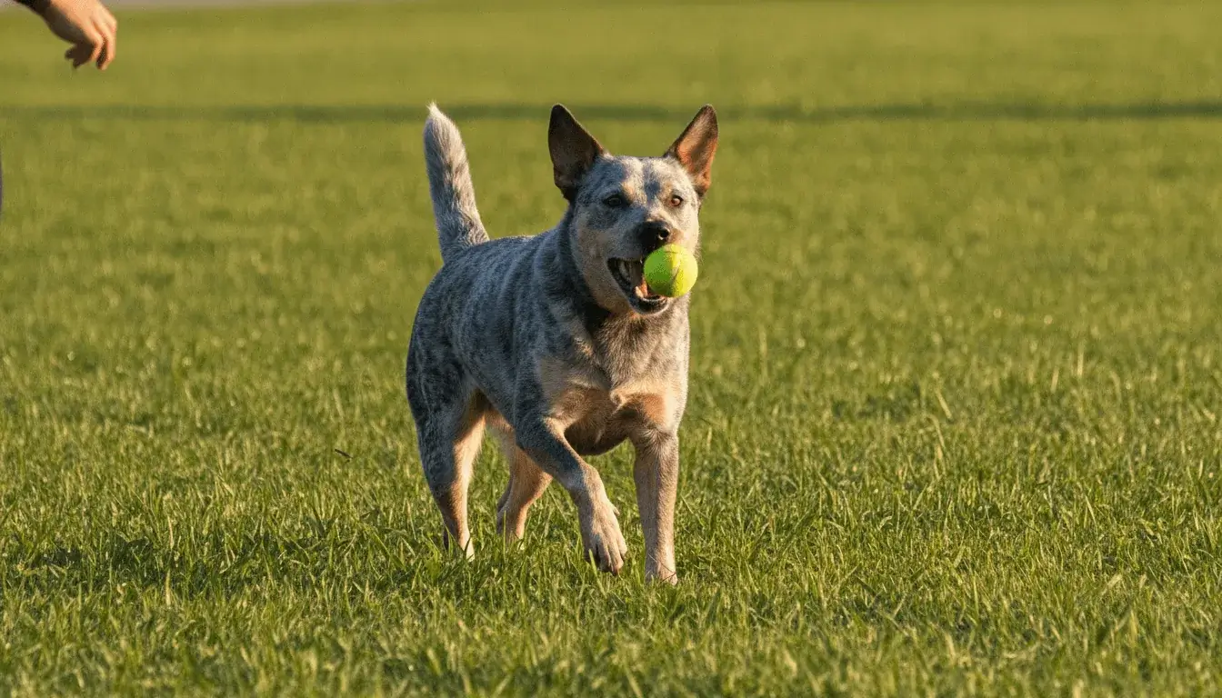 Blue heeler lab mix mid-fetch focusing on a ball in an open field
