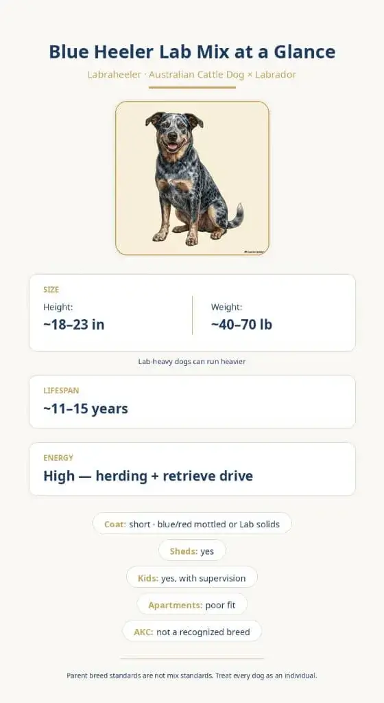 blue heeler lab mix at a glance: height 18-23 in, weight 40-70 lb, lifespan 11-15 years, high energy