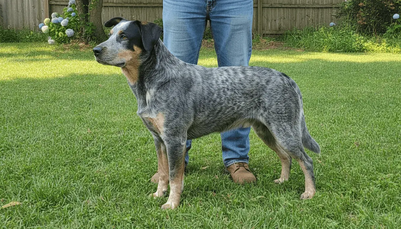 Full-grown blue heeler lab mix in profile on grass beside a person for scale