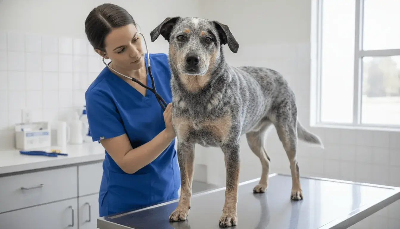 Healthy adult blue heeler lab mix on a veterinary exam table during a checkup
