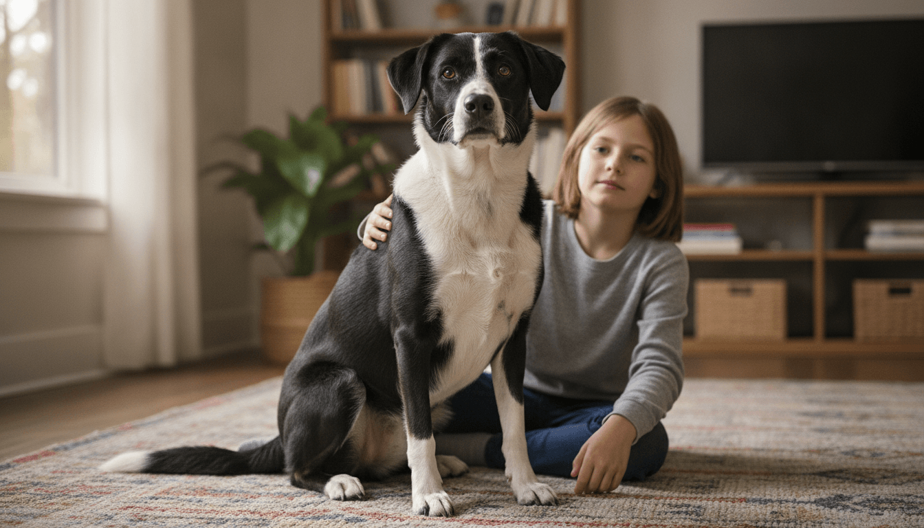 Adult Border Collie Lab mix sitting calmly beside a school-age child indoors