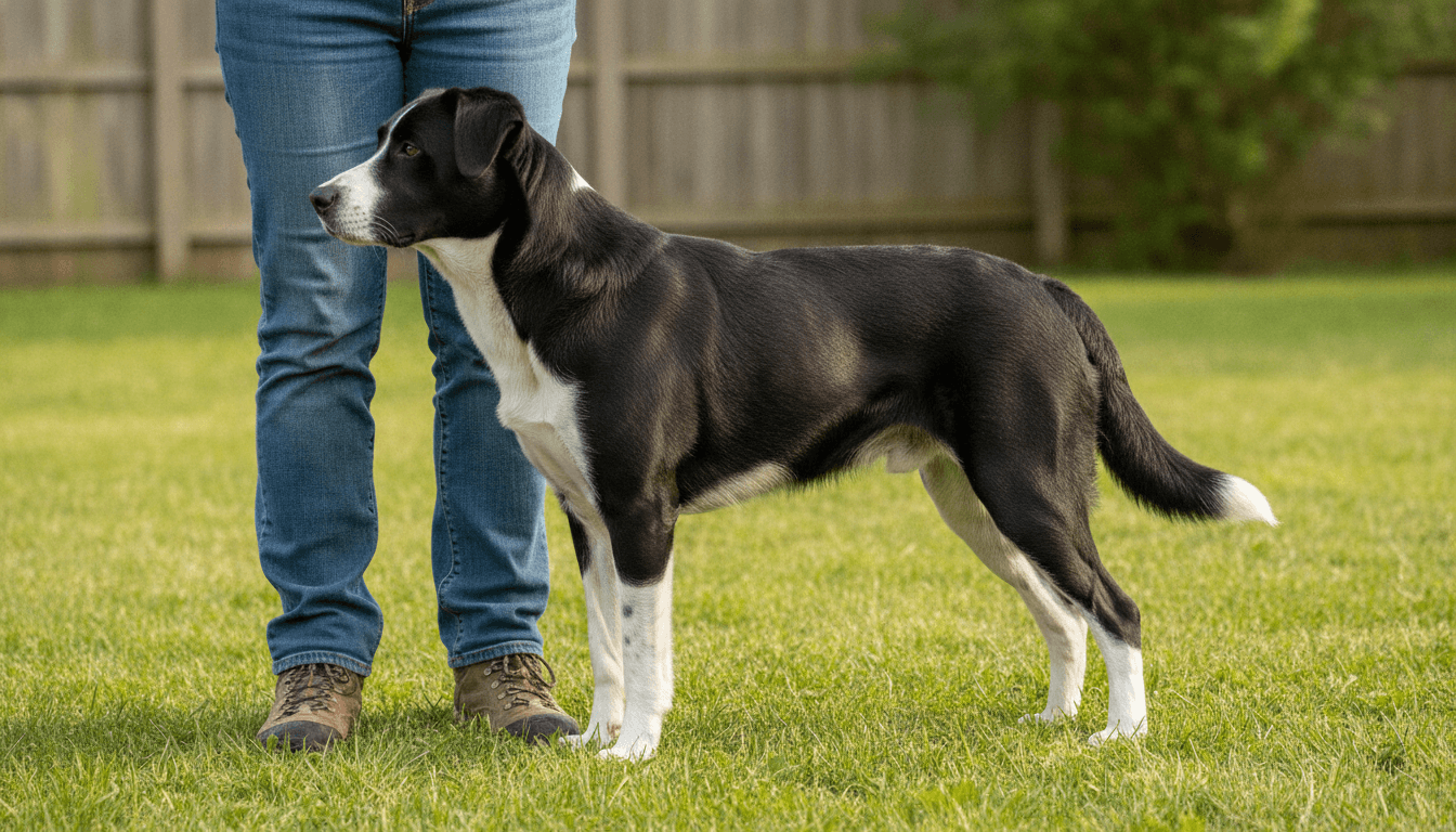 Full-grown borador standing in profile on grass beside a person for scale