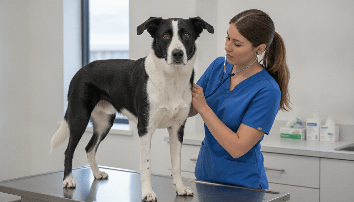 Healthy adult borador on a veterinary exam table during a routine checkup