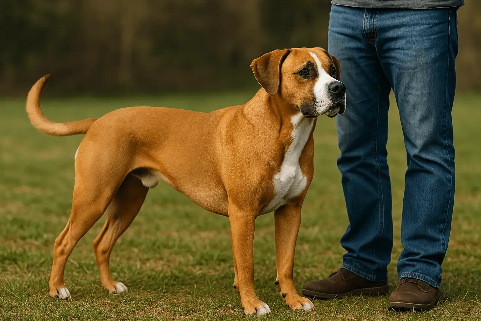 Full-grown Boxador (Boxer Lab mix) in profile with fawn coat and white chest blaze outdoors