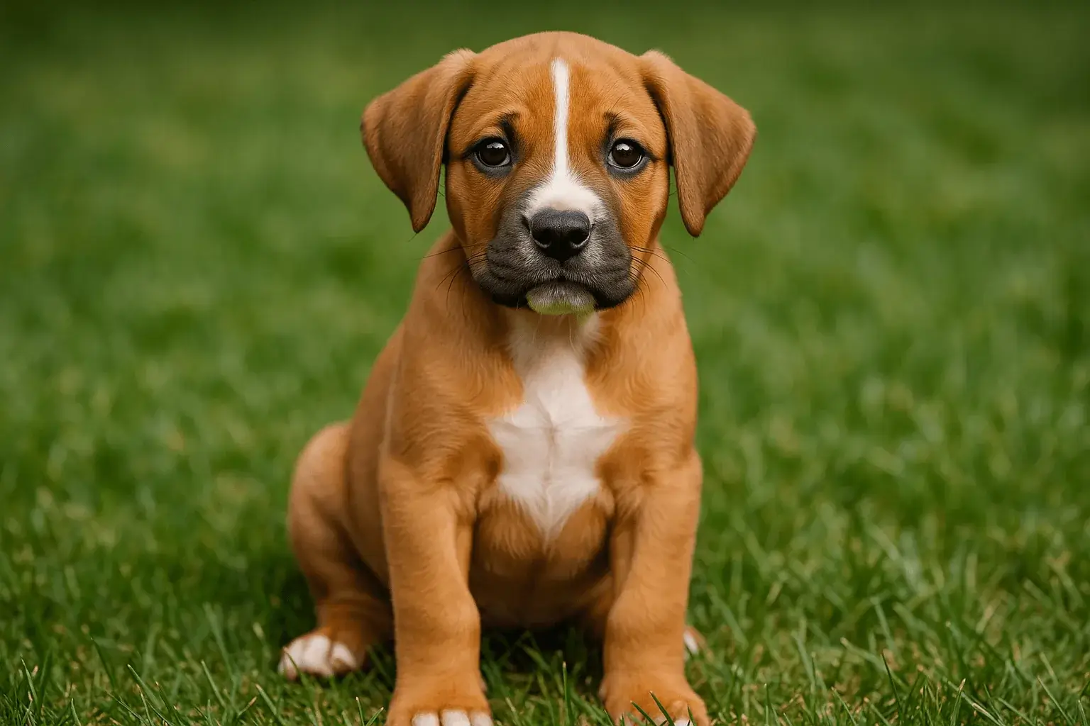 Young Boxador puppy sitting on grass with fawn coat and white markings