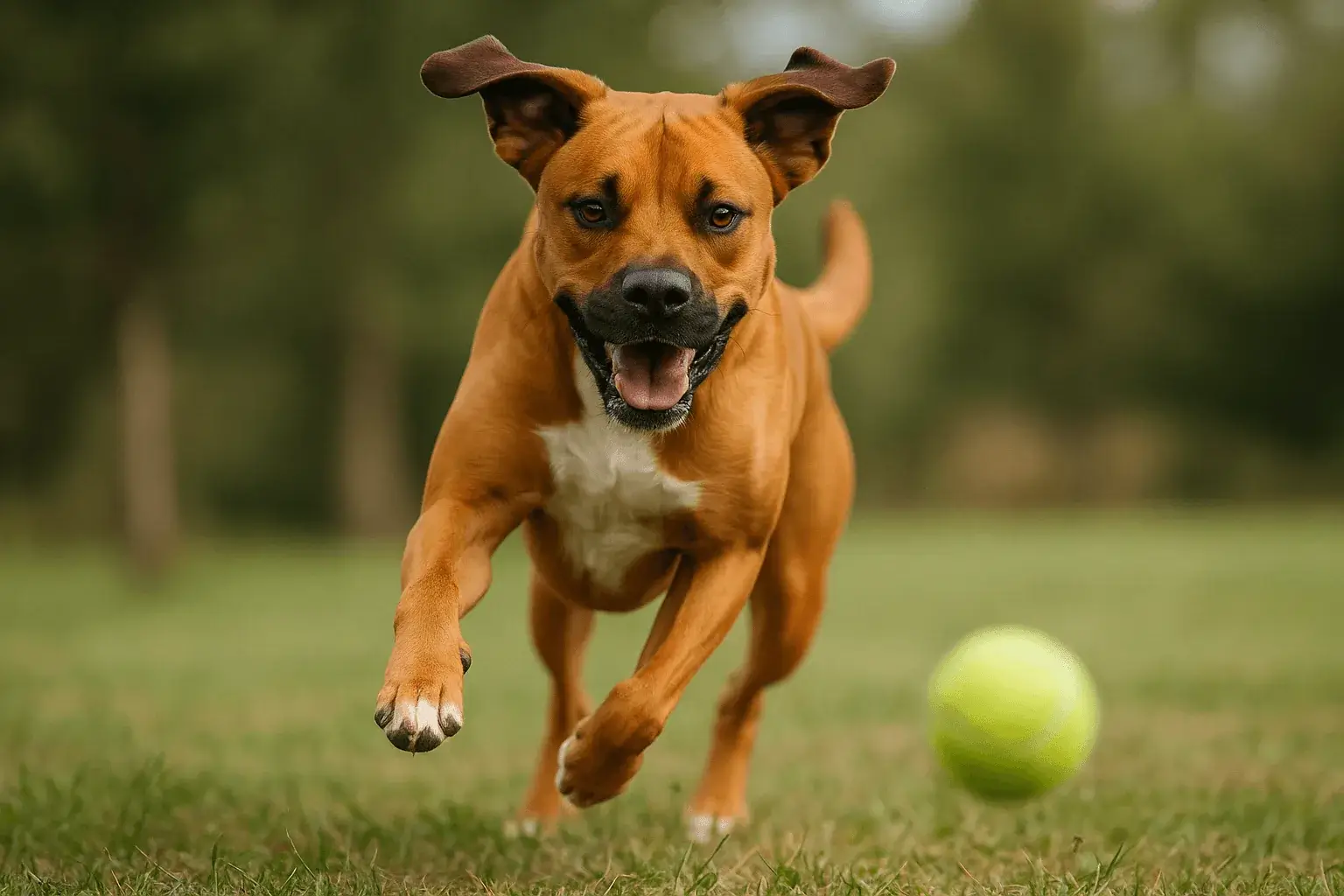 Energetic Boxador running to fetch a ball in an open grass field