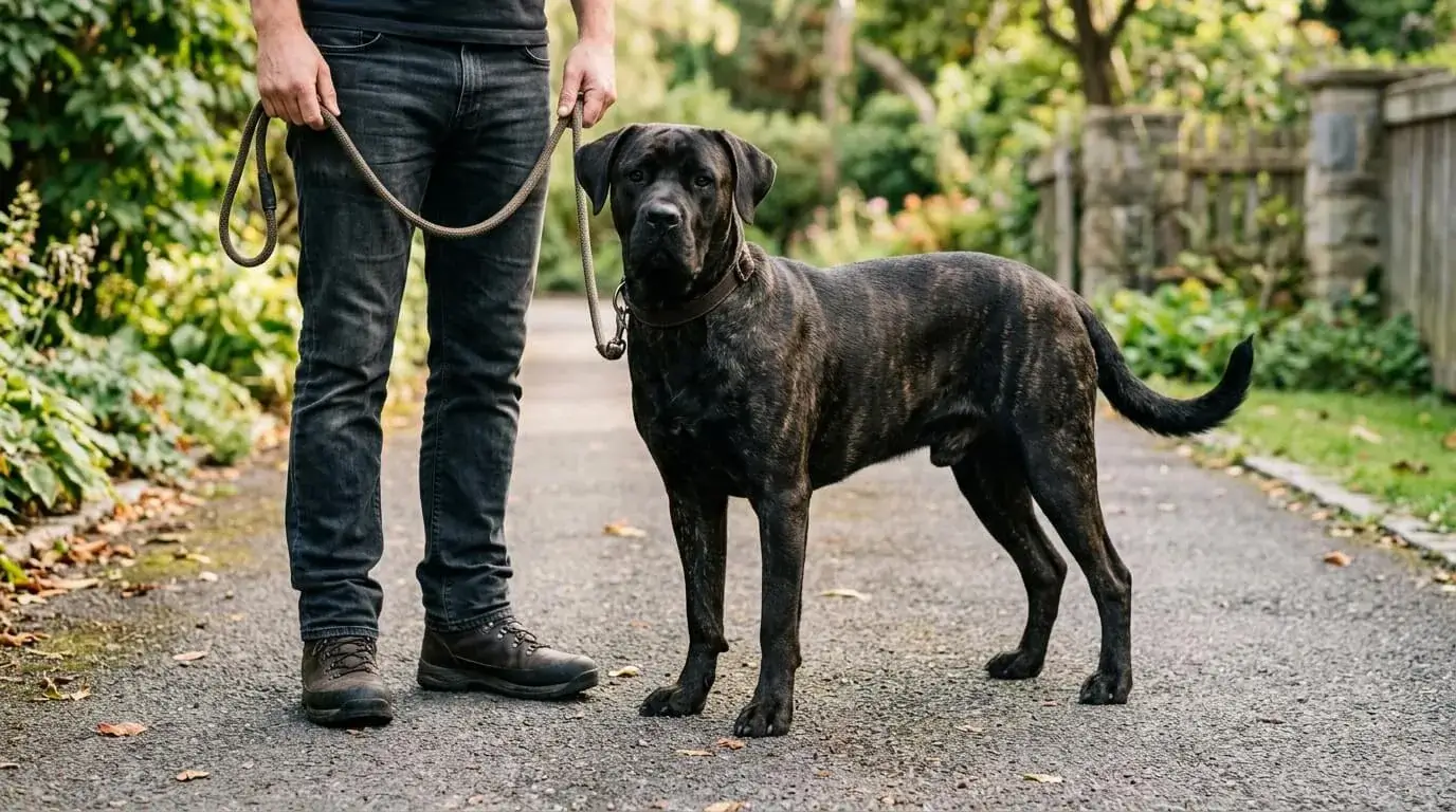 Large muscular crossbred dog on a short leash beside a person's legs so the adult size and strength are clear