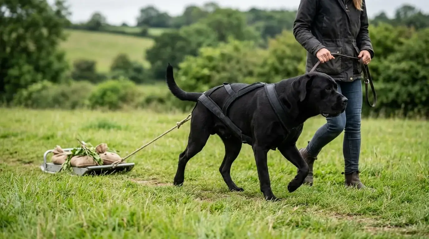 Large short-coated dog pulling a light training sled on grass beside a handler