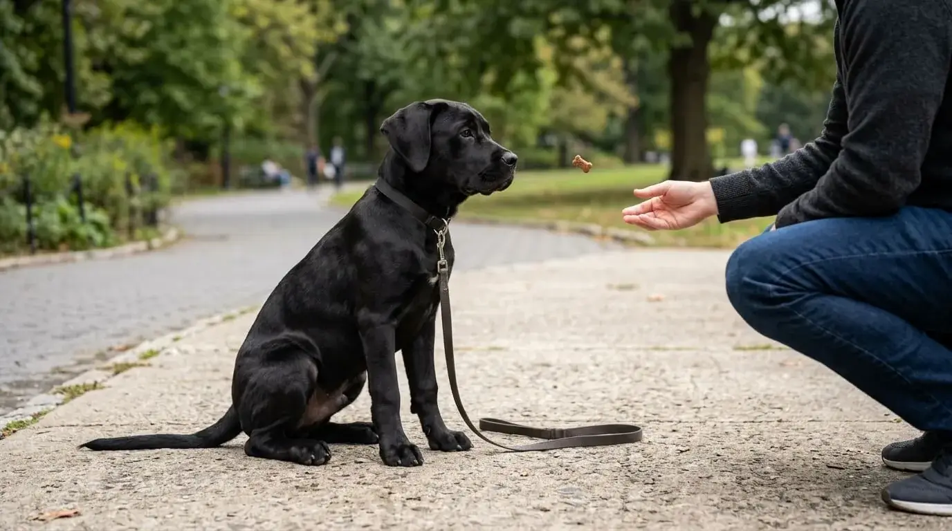 Young black crossbred puppy sitting calmly on a sidewalk while a stranger tosses a treat from a distance