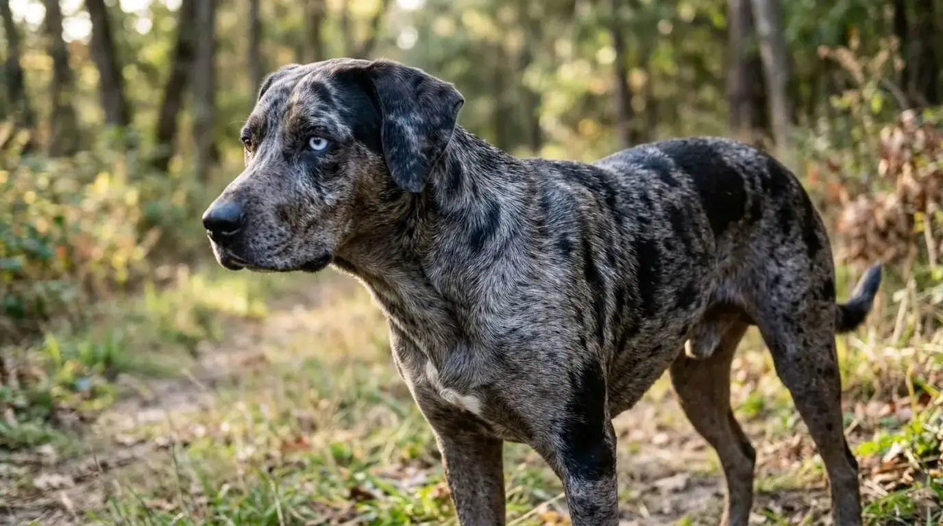 Blue merle crossbred dog with one pale blue eye on a woodland path, black and gray coat patches