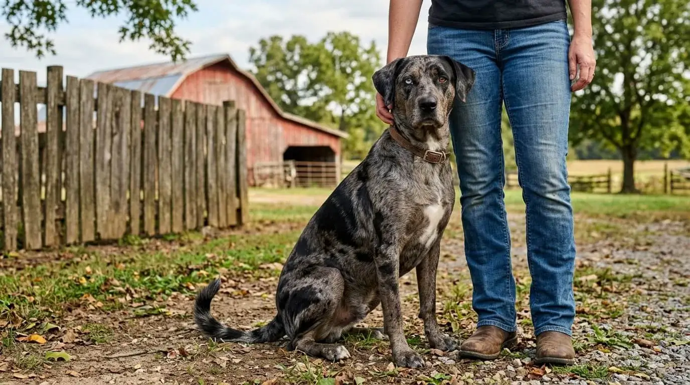Muscular merle crossbred dog sitting beside an adult's legs in a farmyard so the size is clear