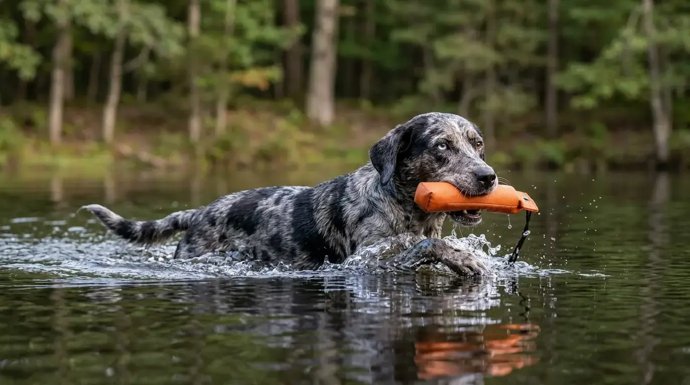 Athletic merle crossbred dog swimming to retrieve a floating toy in a pond
