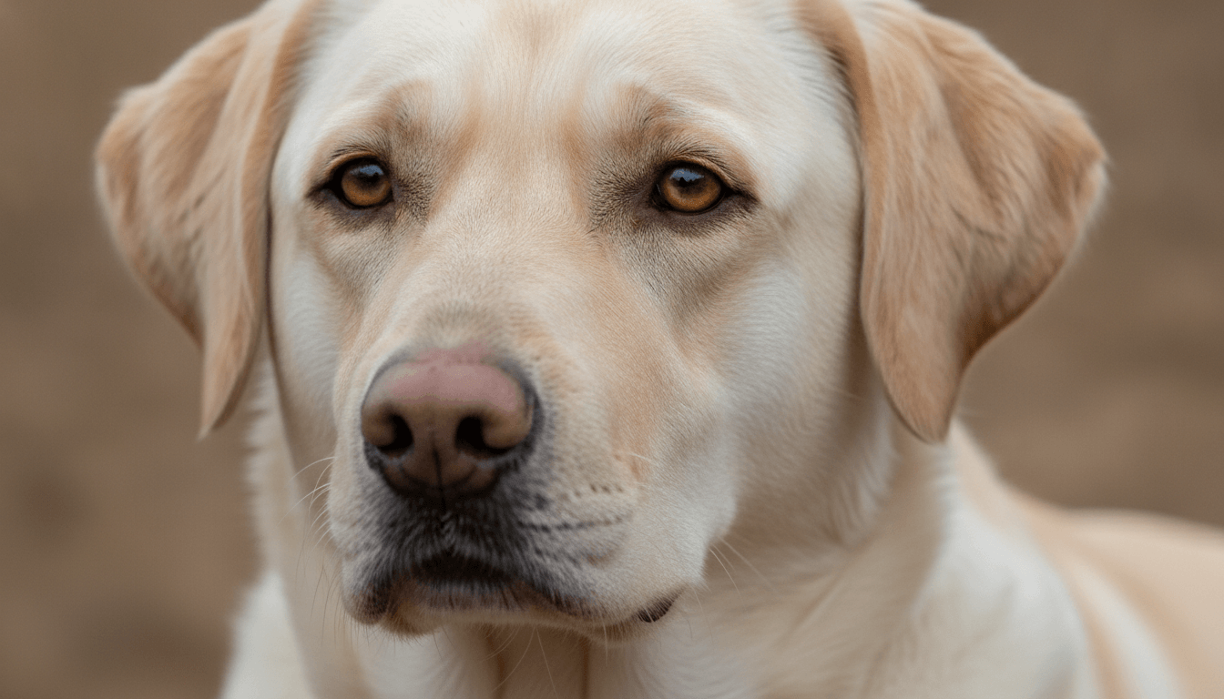 Close-up of a champagne Labrador face with creamy coat and lighter nose pigment