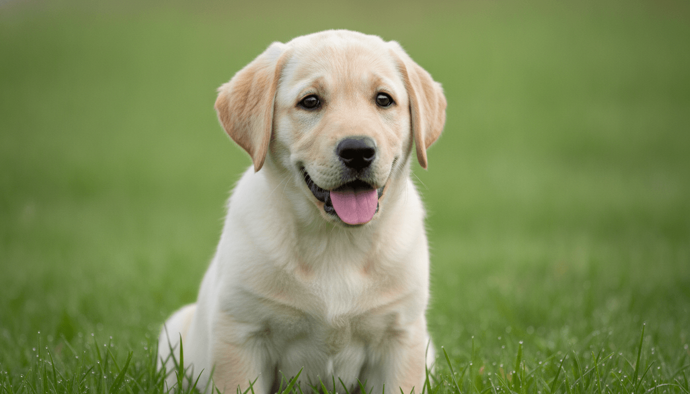 Champagne Labrador puppy with a soft creamy coat sitting outdoors on grass