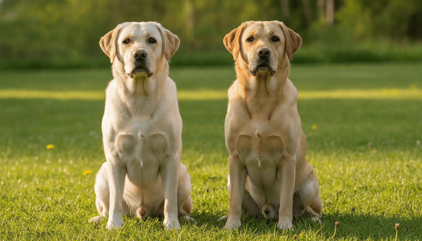 Champagne Labrador beside a mid-gold yellow Labrador showing the dilute vs standard yellow coat difference